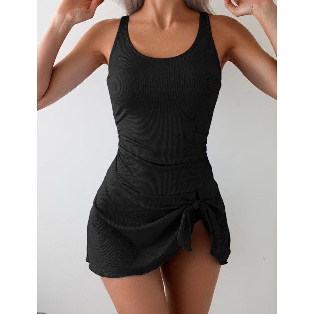 Aidonger Women's Black Swimdress Built-In Bra Ruched Adjustable Strap, XL